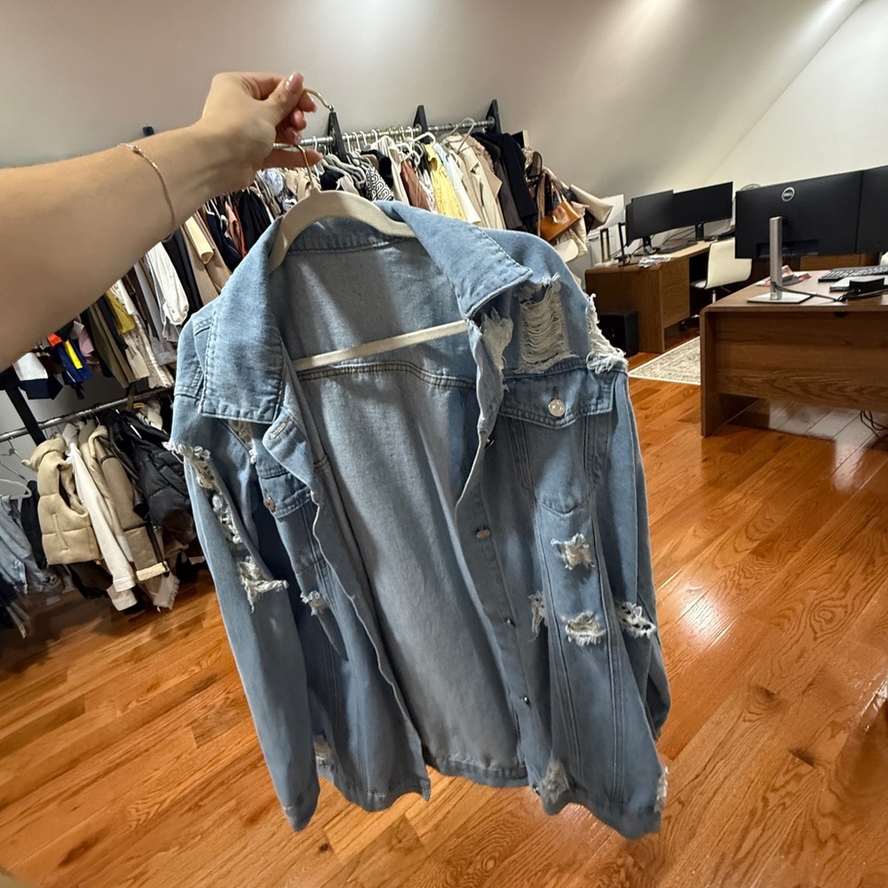 Light Blue Distressed Denim Jacket - Women's Casual Oversized